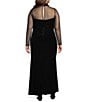 Eliza J Plus Size Velvet Mesh Illusion Mock Neck Long Sleeve Waist Pleats Gown, Color:Black - Image 2