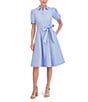 Color:Light Blue - Image 1 - Poplin Collar Neck Elbow Puff Sleeve Tie Front Midi Shirt Dress