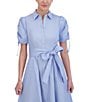 Color:Light Blue - Image 4 - Poplin Collar Neck Elbow Puff Sleeve Tie Front Midi Shirt Dress