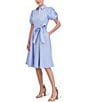 Color:Light Blue - Image 5 - Poplin Collar Neck Elbow Puff Sleeve Tie Front Midi Shirt Dress