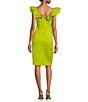 Color:Lime - Image 2 - Scuba V-Neck Ruffled Cap Sleeve Sheath Dress