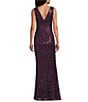 Eliza J Sequin Lace Boat Neck Sleeveless Ruffle Front Slit Gown, Color:Plum - Image 2