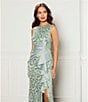 Eliza J Sequin Lace Boat Neck Sleeveless Ruffle Front Slit Gown, Color:Sage - Image 8