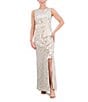 Color:Champagne - Image 1 - Sequin Lace Boat Neck Sleeveless Ruffle Front Slit Gown