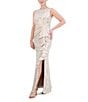 Color:Champagne - Image 3 - Sequin Lace Boat Neck Sleeveless Ruffle Front Slit Gown