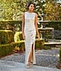 Color:Champagne - Image 5 - Sequin Lace Boat Neck Sleeveless Ruffle Front Slit Gown