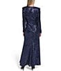 Eliza J Sequin Long Sleeve Center Front Skirt Sash Gown, Color:Navy - Image 2