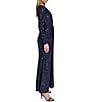 Eliza J Sequin Long Sleeve Center Front Skirt Sash Gown, Color:Navy - Image 3