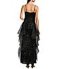 Color:Black - Image 2 - Sequin V-Neck Sleeveless Cascading Organza Ruffled Gown