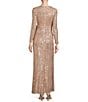 Color:Champagne - Image 2 - Sequined Long Sleeve Surplice V-Neck Front Slit Mesh Bow Waist Gown