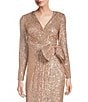 Color:Champagne - Image 3 - Sequined Long Sleeve Surplice V-Neck Front Slit Mesh Bow Waist Gown