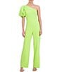 Color:Lime - Image 1 - Stretch Crepe One Shoulder One Short Puff Sleeve Jumpsuit