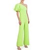 Color:Lime - Image 3 - Stretch Crepe One Shoulder One Short Puff Sleeve Jumpsuit