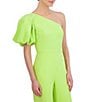 Color:Lime - Image 4 - Stretch Crepe One Shoulder One Short Puff Sleeve Jumpsuit