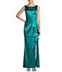 Color:Jade - Image 1 - Stretch Satin Boat Neck Sleeveless Cascading Ruffle Side Slit Gown