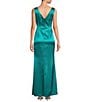 Color:Jade - Image 2 - Stretch Satin Boat Neck Sleeveless Cascading Ruffle Side Slit Gown