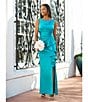 Color:Jade - Image 5 - Stretch Satin Boat Neck Sleeveless Cascading Ruffle Side Slit Gown