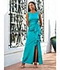 Color:Jade - Image 6 - Stretch Satin Boat Neck Sleeveless Cascading Ruffle Side Slit Gown