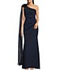 Eliza J Stretch Scuba One Shoulder Organza Flower Cape Pleated Mermaid Gown, Color:Navy - Image 1