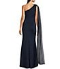 Color:Navy - Image 2 - Stretch Scuba One Shoulder Organza Flower Cape Pleated Mermaid Gown