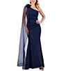 Eliza J Stretch Scuba One Shoulder Organza Flower Cape Pleated Mermaid Gown, Color:Navy - Image 4
