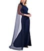 Eliza J Stretch Scuba One Shoulder Organza Flower Cape Pleated Mermaid Gown, Color:Navy - Image 5