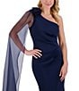 Eliza J Stretch Scuba One Shoulder Organza Flower Cape Pleated Mermaid Gown, Color:Navy - Image 6