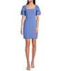 Color:Periwinkle - Image 1 - Stretch Square Neck Short Puffed Sleeve Sheath Dress
