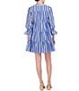 Color:Blue - Image 2 - Stripe Print V-Neck Long Sleeve Tiered Skirt Ruffle Trim Mini Dress