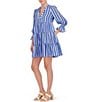 Color:Blue - Image 3 - Stripe Print V-Neck Long Sleeve Tiered Skirt Ruffle Trim Mini Dress