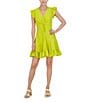 Color:Yellow - Image 3 - Textured Crepe V-Neck Ruffle Sleeve Ruched Bodice Tiered Skirt Mini Dress