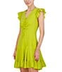 Color:Yellow - Image 4 - Textured Crepe V-Neck Ruffle Sleeve Ruched Bodice Tiered Skirt Mini Dress