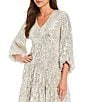 Color:Silver - Image 3 - V-Neck 3/4 Balloon Sleeve Sequin Tiered Trapeze Dress