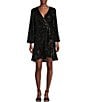 Color:Black - Image 1 - Surplice V-Neck Long Sleeve Faux Wrap Lined Sequin Dress