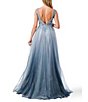 Color:Navy Ombre - Image 2 - Embroidered Floral Illusion Mesh Ombre Ball Gown