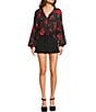 Emory Park Floral Print V-Neck Button Front Long Sleeve Cinched Hem Blouse, Color:Black Red Floral - Image 3