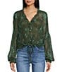 Emory Park Floral Printed V-Neck Button Front Long Sleeve Cinched Hem Blouse, Color:Hunter Green Floral - Image 1