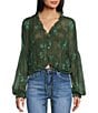 Emory Park Floral Printed V-Neck Button Front Long Sleeve Cinched Hem Blouse, Color:Hunter Green Floral - Image 3