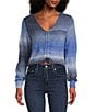 Emory Park Spacedye V-Neck Ruched Tie Front Long Sleeve Cropped Sweater - Image 1