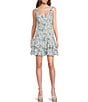 Color:Blue - Image 1 - Davina Floral Print Square Neck Sleeveless Belted Tiered Ruffle Eyelet Detail Mini Dress