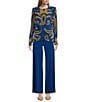 Eva Varro Art Deco Print Double Breasted Peak Lapel Long Sleeve Asymmetrical Short Jacket, Color:Brioni - Image 3
