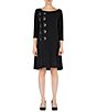 Color:Black - Image 1 - Round Neck 3/4 Sleeve Side Grommet Detail Dress