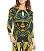 Eva Varro Coordinating Abstract Print Pleated Keyhole Neck 3/4 Sleeve Top, Color:Kesia - Image 1