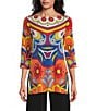 Color:Annie - Image 1 - Knit Jersey Mod Floral Print Boat Neck 3/4 Sleeve Side Slit Tunic