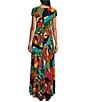 Color:Toucan - Image 2 - Knit Jersey Toucan Tropical Leaf Print V-Neck Cap Sleeves Tiered A-Line Maxi Dress