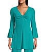 Eva Varro Knit Jersey Twist V-Neck 3/4 Bell Sleeve A-Line Flowy Tunic, Color:Deep Aqua - Image 1