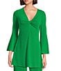 Eva Varro Knit Jersey Twist V-Neck 3/4 Bell Sleeve A-Line Flowy Tunic, Color:Emerald Green - Image 1