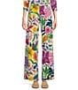 Color:Willow - Image 1 - Mixed Floral Print Knit Jersey Elastic Waist Wide-Leg Pull-On Coordinating Pants