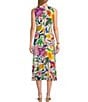 Color:Willow - Image 2 - Mixed Floral Print Knit Jersey Round Neck Sleeveless A-Line Midi Dress