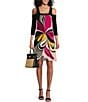 Color:Azalea - Image 1 - Mod Floral Print Knit Jersey Square Neck Cold Shoulder 3/4 Sleeve A-Line Dress